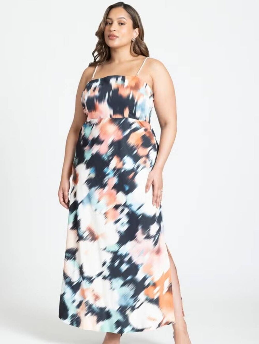 NWT Eloquii Women's Plus Size 16 Printed Satin Bias Dress with Faux Pearl Straps